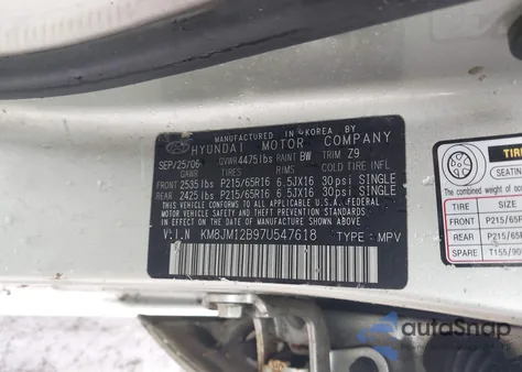 2007 Hyundai Tucson Gls из США, поврежденный, VIN KM8JM12B97U547618